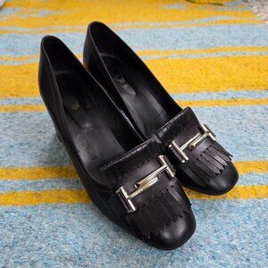 Tod's Black Leather Double T Buckle Fringed Loafer Pump 39